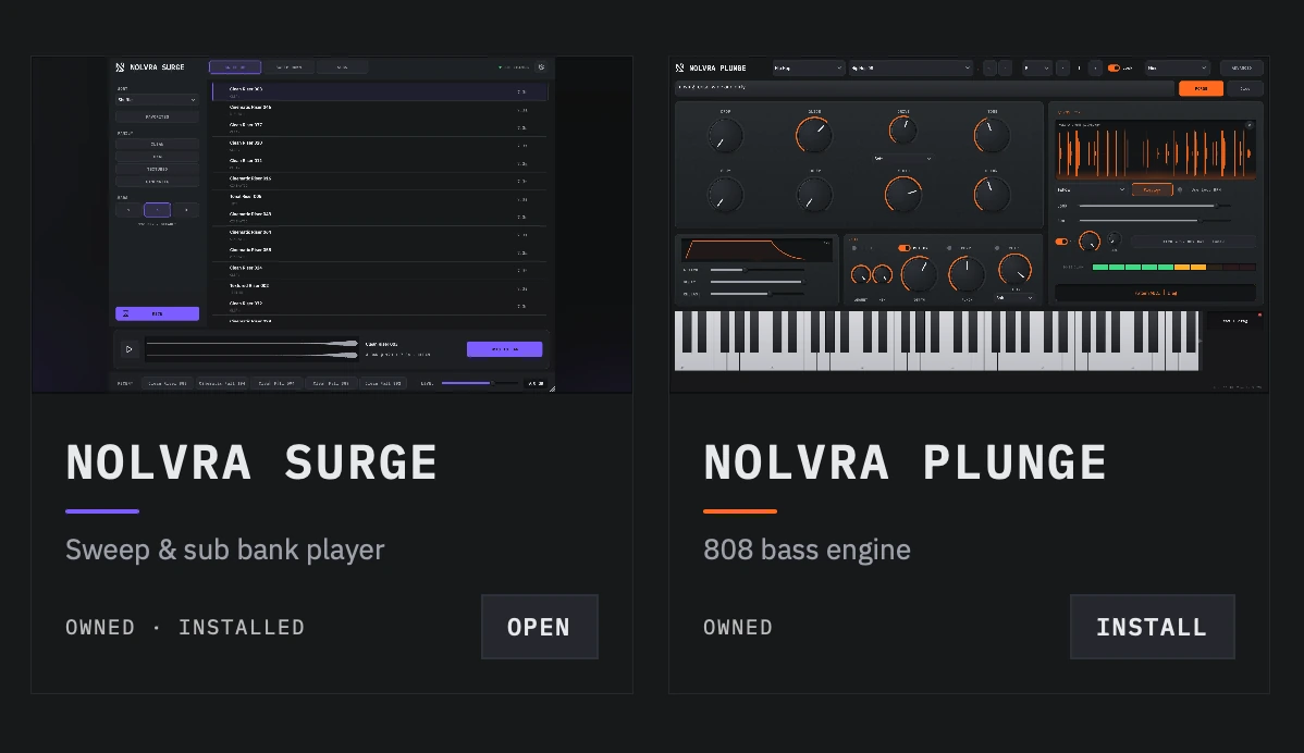 Two product cards under My Products — NOLVRA SURGE marked OWNED · INSTALLED with an OPEN button, and NOLVRA PLUNGE marked OWNED with an INSTALL button.