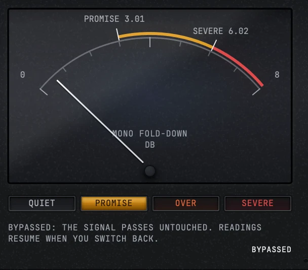 The gauge while BYPASS is held: the sentence line reads BYPASSED: THE SIGNAL PASSES UNTOUCHED. READINGS RESUME WHEN YOU SWITCH BACK, and the corner where a number would be prints BYPASSED instead.