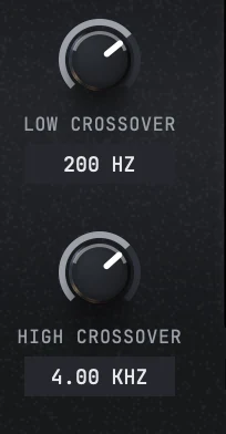 The two crossover knobs stacked in their own column: LOW CROSSOVER reading 200 HZ over HIGH CROSSOVER reading 4.00 KHZ.