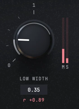 The low width knob at 0.35 with its two meter columns beside it, the label LOW WIDTH, the value box and the band's own correlation printed under it as r +0.89.