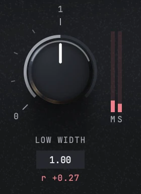 The low width knob with its pointer at the top of its own travel and the value box under it reading 1.00. Its scale is engraved 0 at one end and 1 at the top, with nothing past it, where the two knobs to its right carry a 2.
