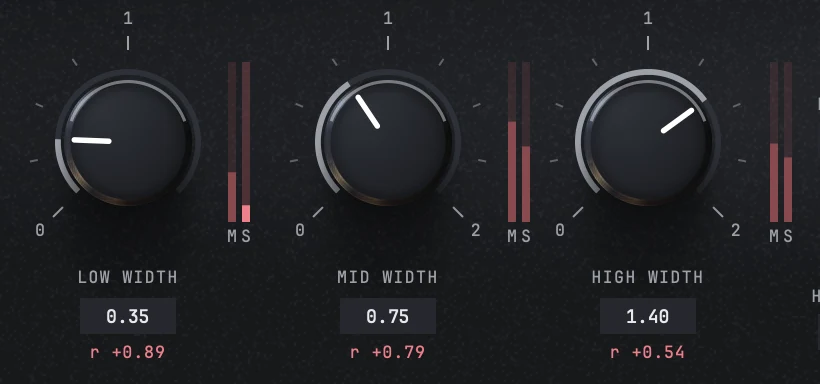 The three width knobs with the low band's side tap soloed: the S column under LOW WIDTH is lit while the other five meter columns are dimmed.