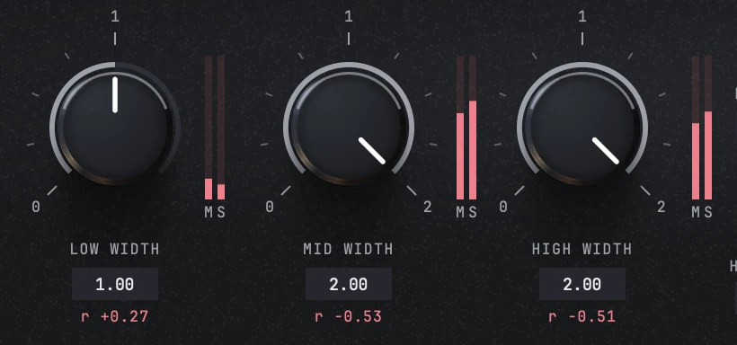The three width knobs pushed past the shelf: LOW WIDTH at its own ceiling of 1.00 with r +0.27, MID WIDTH 2.00 with r -0.53 and HIGH WIDTH 2.00 with r -0.51.
