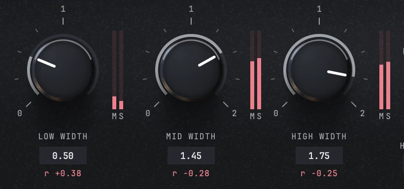 The three width knobs on the widest factory setting: LOW WIDTH 0.50 with r +0.38, MID WIDTH 1.45 with r -0.28 and HIGH WIDTH 1.75 with r -0.25, so the two upper bands have gone negative while the low one has not.