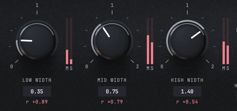The three width knobs in a row with a mid and a side meter column beside each: LOW WIDTH 0.35 with r +0.89, MID WIDTH 0.75 with r +0.79 and HIGH WIDTH 1.40 with r +0.54. The low knob's scale ends at 1 where the other two run on to 2.
