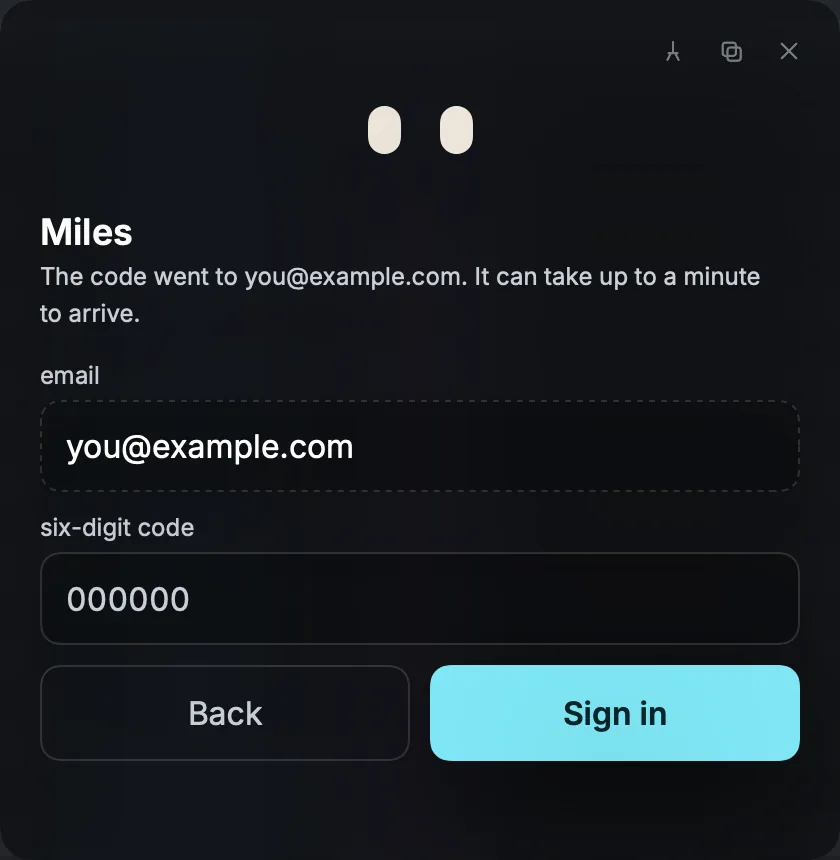 The code step: the line says the code went to your address and can take up to a minute, the six-digit code field sits under the email, and the Back and Sign in buttons share the bottom row.
