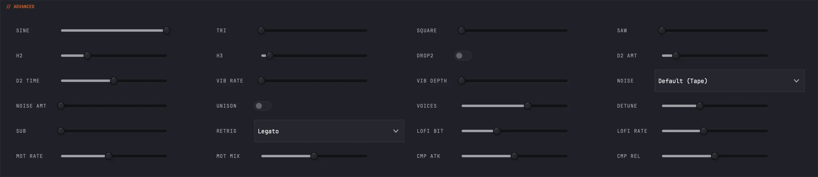 PLUNGE's ADVANCED panel: a four-column grid of sliders and menus covering the oscillator mix (SINE, TRI, SQUARE, SAW), harmonics, the second drop, vibrato, noise type and amount, unison voices and detune, sub, and the retrigger mode.