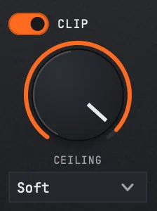 The CLIP effect in PLUNGE's FX panel, switched on, with its CEILING knob and a clip mode menu reading Soft.