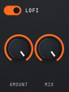The LOFI effect in PLUNGE's FX panel, switched on, with its AMOUNT and MIX knobs.