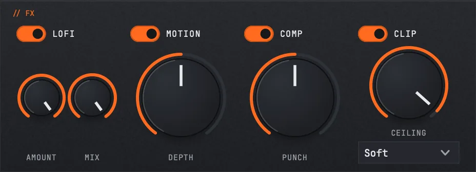 PLUNGE's FX panel with all four effects switched on: LOFI with AMOUNT and MIX knobs, MOTION with DEPTH, COMP with PUNCH, and CLIP with CEILING and a mode menu.