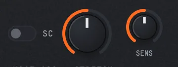 PLUNGE's sidechain controls: an SC switch, a duck amount knob and a SENS knob.