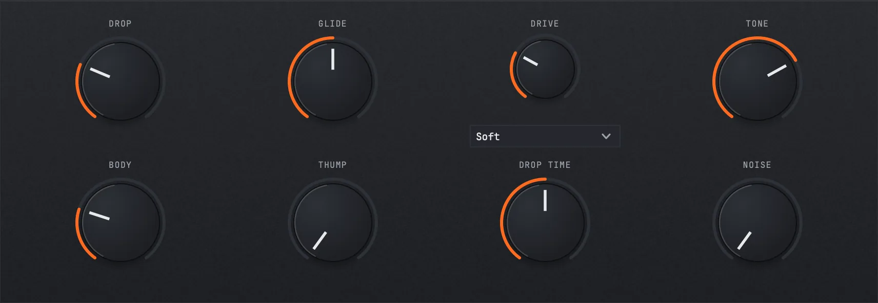 PLUNGE's macro knob panel: DROP, GLIDE, DRIVE and TONE on the top row, BODY, THUMP, DROP TIME and NOISE on the second, with a distortion mode menu reading Soft under DRIVE.