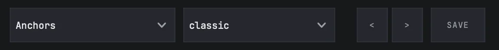 PLUNGE's preset controls in the top bar: a category menu reading Anchors, a preset menu reading classic, previous and next arrows, and a SAVE button.
