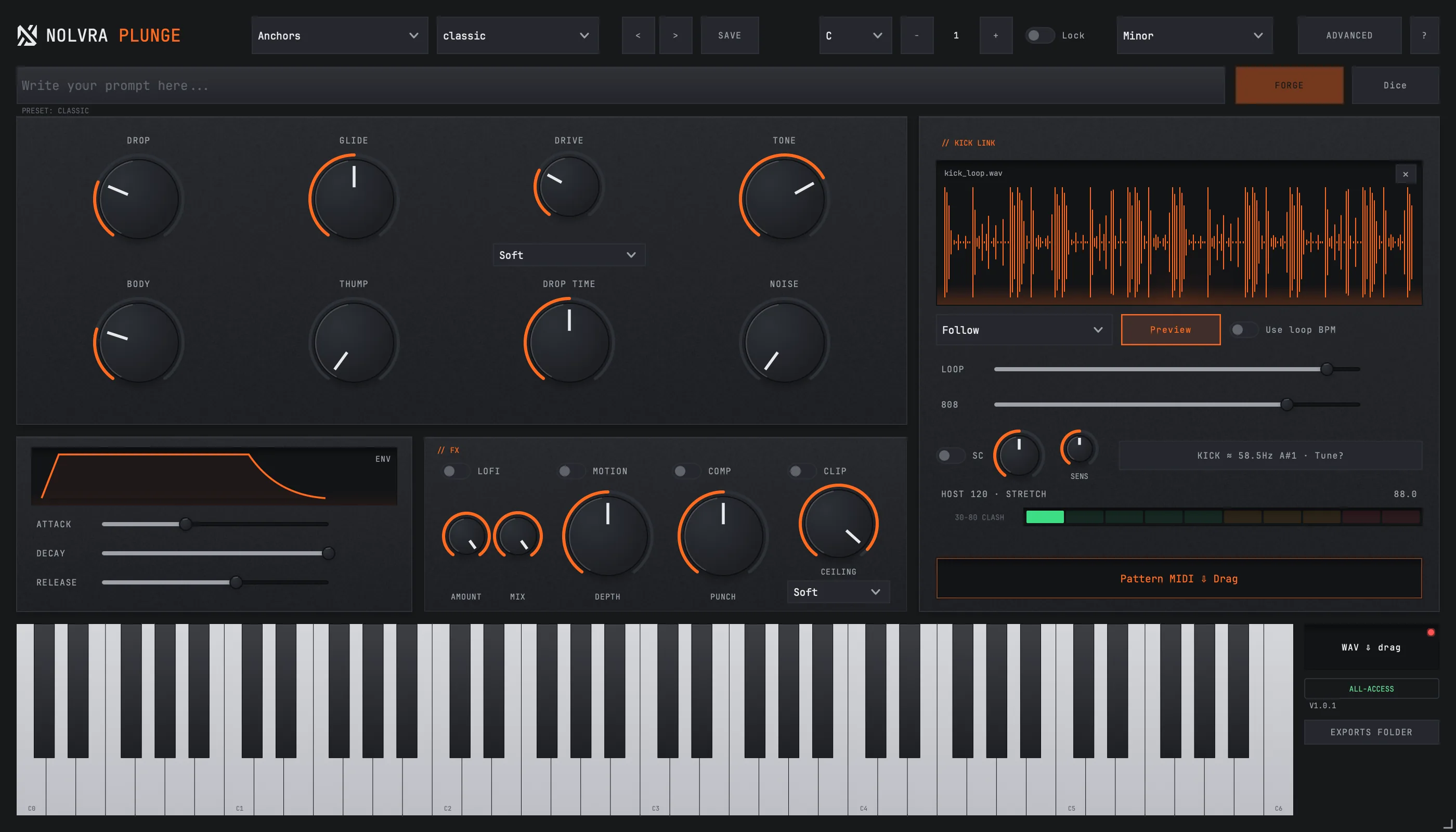 The PLUNGE window: prompt bar and FORGE across the top, macro knobs on the left, the envelope and FX panels below them, the KICK LINK panel on the right with a kick loop loaded, and a keyboard along the bottom.