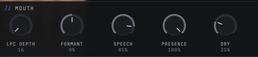 The MOUTH half of the first panel card: the LPC DEPTH, FORMANT, SPEECH, PRESENCE and DRY knobs in a row with their values printed under them, DRY being the shared level of the two paths that carry your own voice to the output.