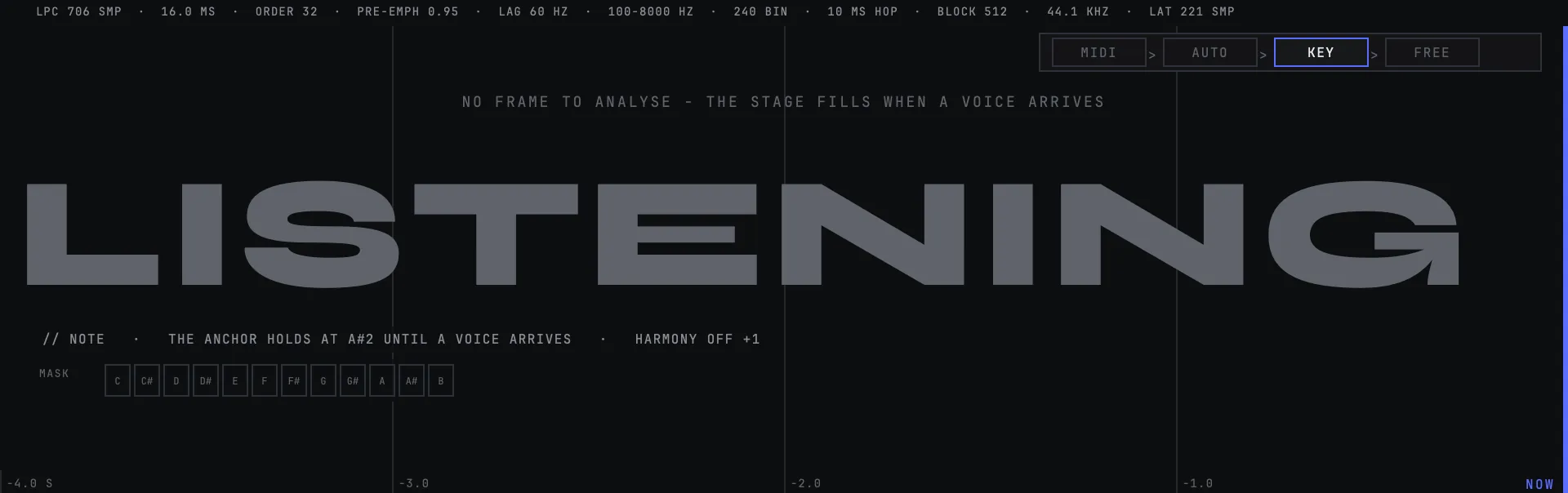 The face with no signal arriving: the picture is empty apart from its grid, the word LISTENING is written across it, and the line above says there is no frame to analyse and the stage fills when a voice arrives.