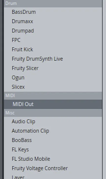 The channel rack's add menu in FL Studio, with MIDI Out picked out of the MIDI group.