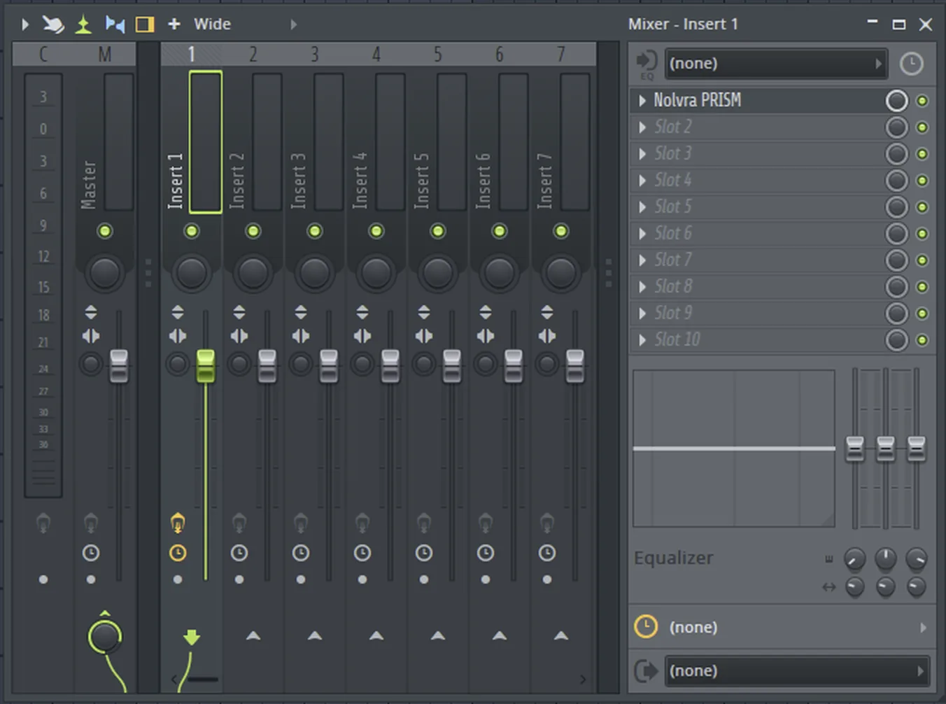 FL Studio's mixer with Insert 1 selected and Nolvra PRISM loaded in the first effect slot of that insert.