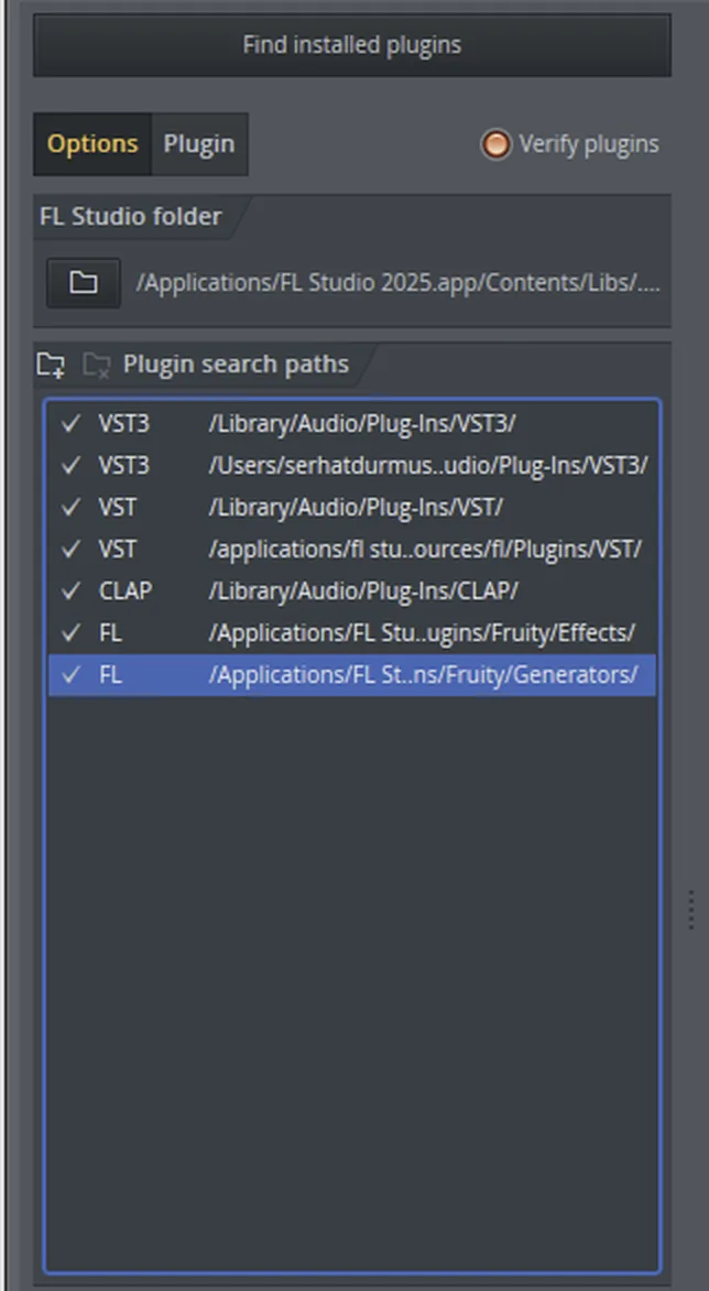 FL Studio's Plugin Manager: the Find installed plugins button above the list of plugin search paths, all seven of them ticked.