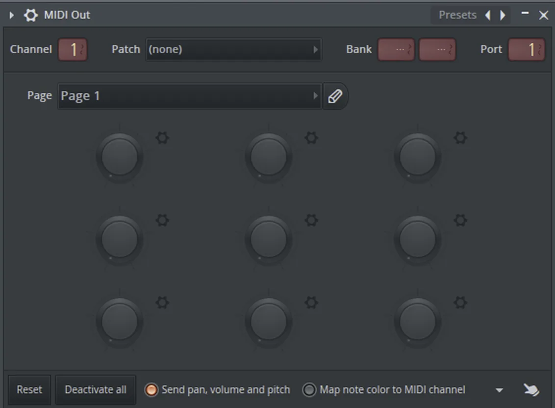 The MIDI Out channel window in FL Studio: Channel reads 1 and Port reads 1, the same port number the PRISM wrapper was given.