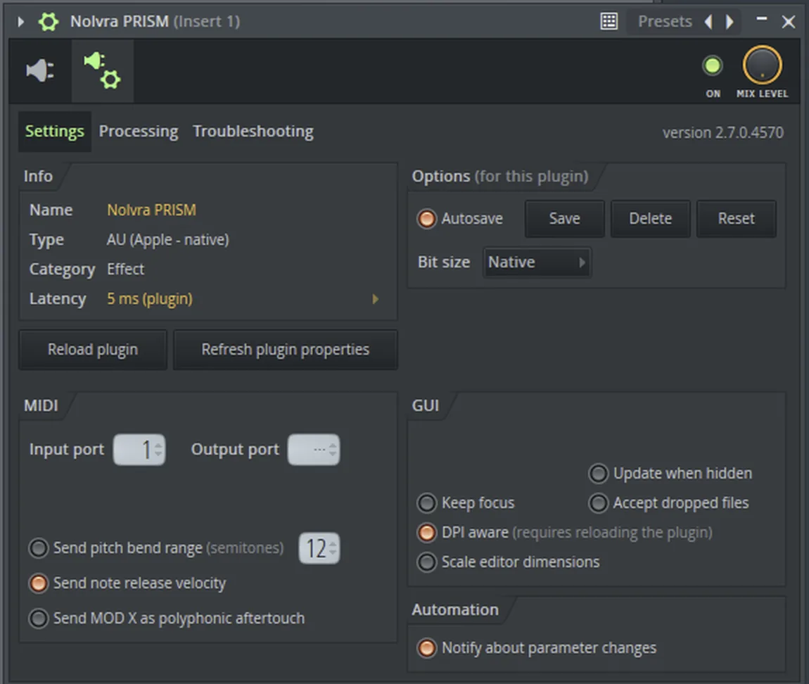 The PRISM wrapper's Settings page in FL Studio: the Info panel names the format as AU, and the MIDI panel below it has Input port set to 1.