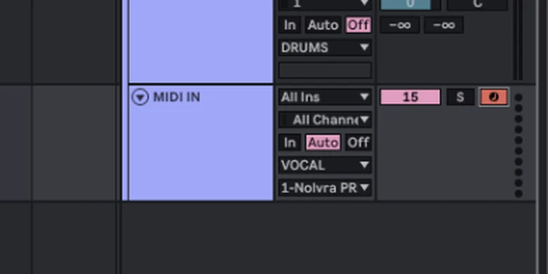The finished Ableton Live MIDI track: MIDI To reads VOCAL, the device chooser under it reads 1-Nolvra PR, and the arm button is lit.