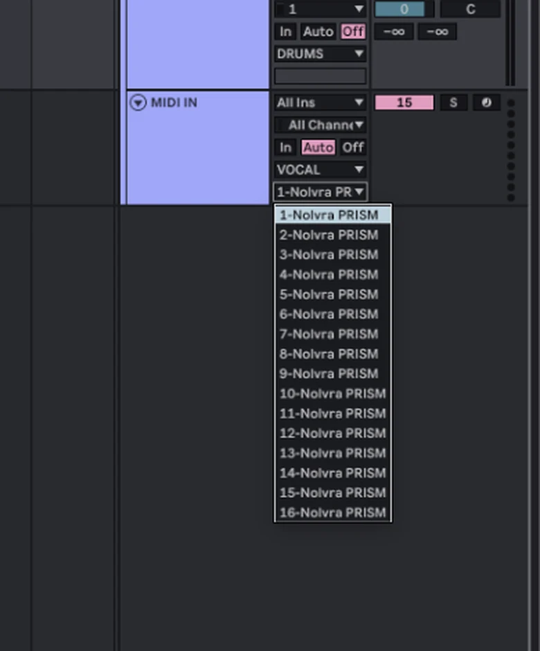 The second chooser under MIDI To, open, listing sixteen entries from 1-Nolvra PRISM to 16-Nolvra PRISM: one per MIDI channel on the single PRISM device.