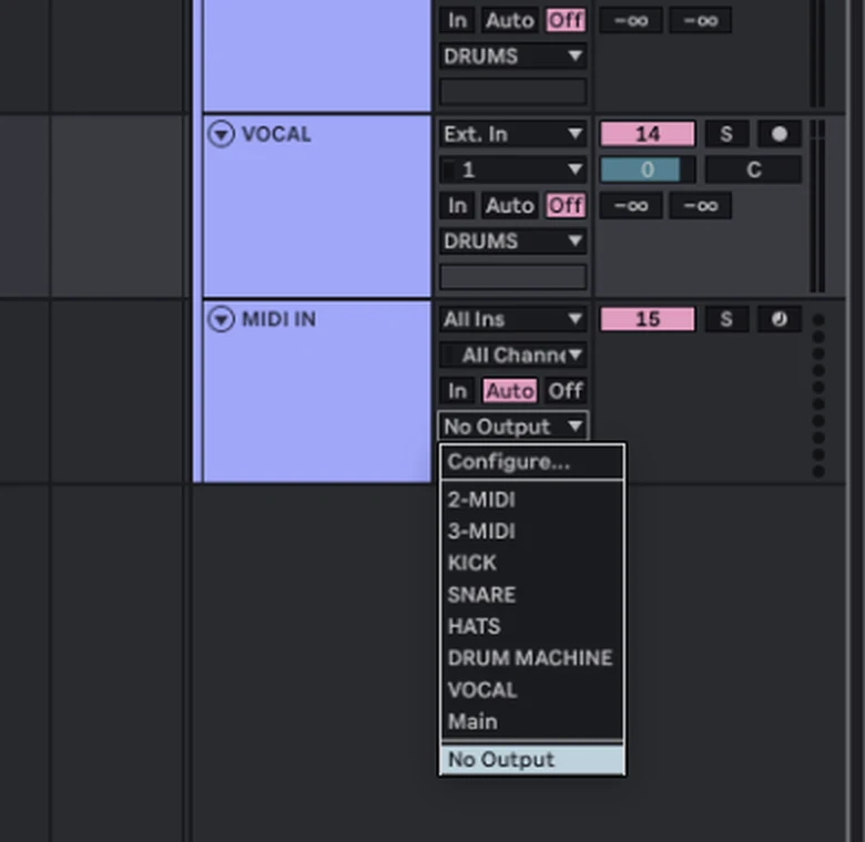 Ableton Live's MIDI To chooser open on a MIDI track, listing every track that can receive MIDI, with the audio track named VOCAL among them.