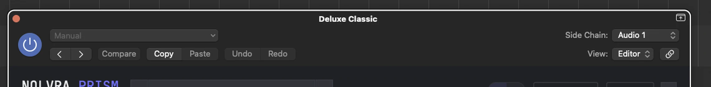 The PRISM plugin window header in Logic Pro after routing: Side Chain reads Audio 1.