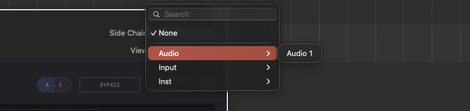 Logic Pro's Side Chain chooser open at the top of the PRISM plugin window, with the Audio submenu open and the vocal track, Audio 1, listed in it.
