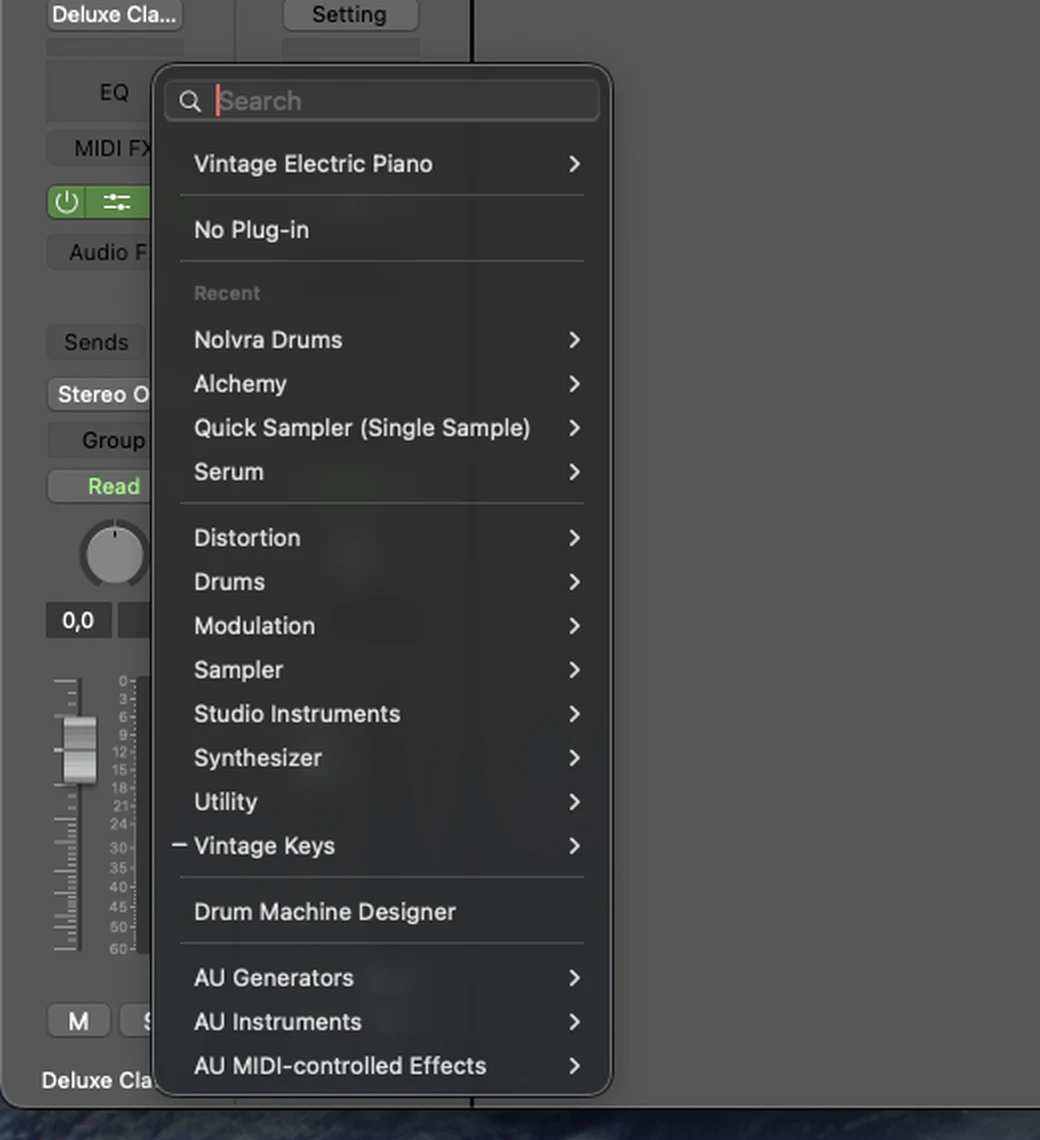Logic Pro's instrument slot menu open on a software instrument track, with AU MIDI-controlled Effects at the bottom of the list: the category PRISM is instantiated from.