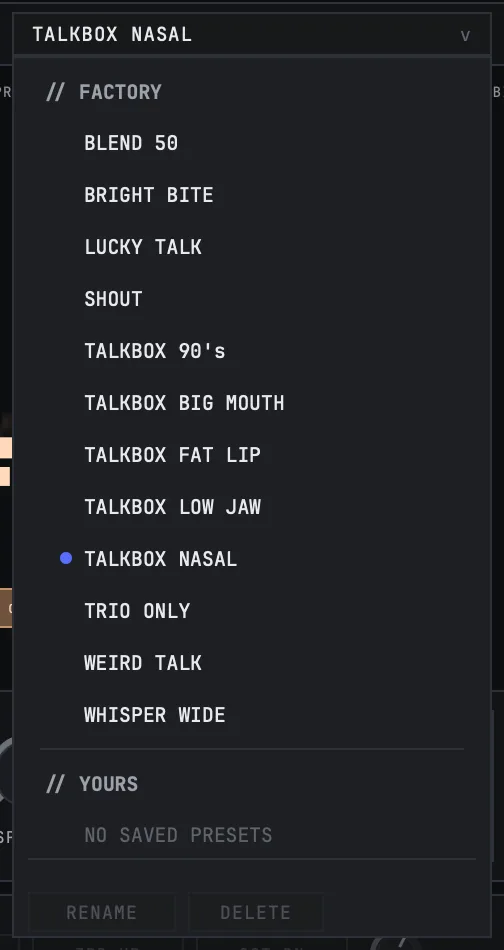The preset list open under the preset box, showing the factory slots in one column under the FACTORY heading with a dot beside the selected one, TALKBOX NASAL.