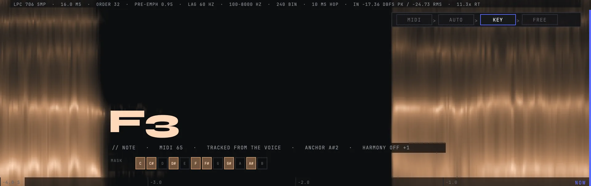 The picture PRISM draws of what it hears: the last four seconds of the voice as a spectrogram, bright where the voice has energy and dark through the stretch where it has none. The analyser's own settings are printed on the rail above it, the time ruler along the bottom counts back to NOW at the right edge, the source order stands in the top right, and the note the engine settled on is written across the middle.