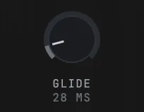 The GLIDE knob reading 28 ms, the value the product opens on: the carrier slides into the next note instead of stepping.