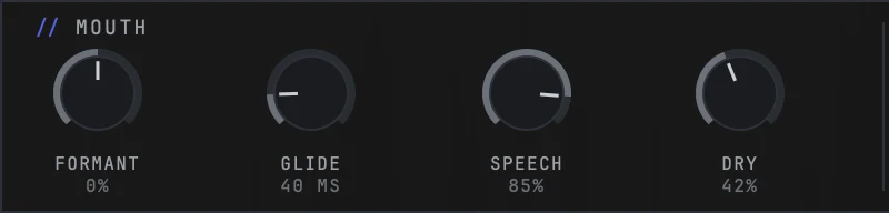 The MOUTH band of the Nolvra PRISM MINI face, four knobs on one row: FORMANT reading 0%, GLIDE reading 40 MS, SPEECH reading 85% and DRY reading 42%, which is where a fresh instance opens.