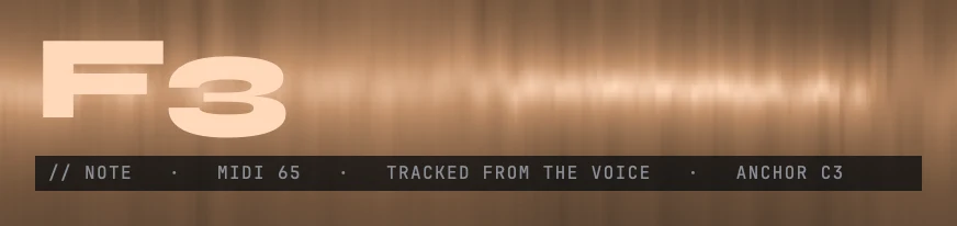 The note reading F3 in large type, with the line under it naming MIDI 65, TRACKED FROM THE VOICE and ANCHOR C3.