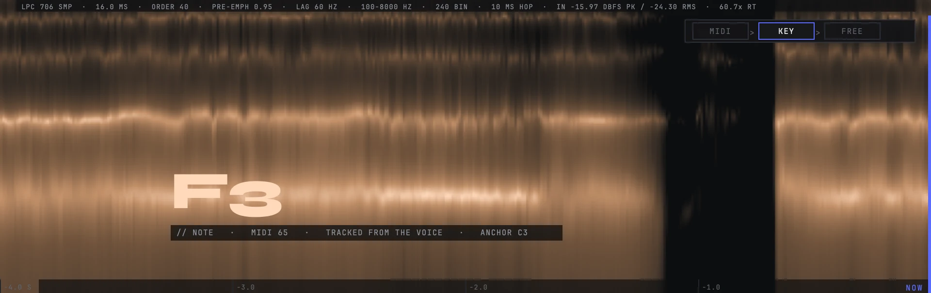 The stage: the analyser's own settings on the rail above the picture, the last four seconds of the voice drawn as a spectrogram, the note reading over it, and the ruler under it running from its first label, -4.0 S, at the left edge to NOW at the right.