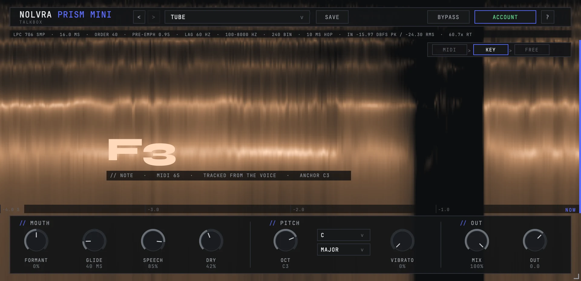 The whole Nolvra PRISM MINI window with a vocal running through it: the preset strip across the top on TUBE, the spectrogram filling the stage with the note reading F3 over it, and one row of knobs along the bottom in three groups, MOUTH, PITCH and OUT.