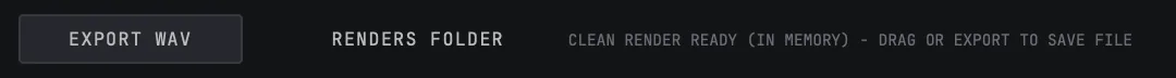 RAW's export controls in the footer: an EXPORT WAV button, a RENDERS FOLDER button and the status line.