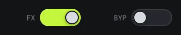 RAW's footer switches: the FX switch, on, and the global bypass switch, off.