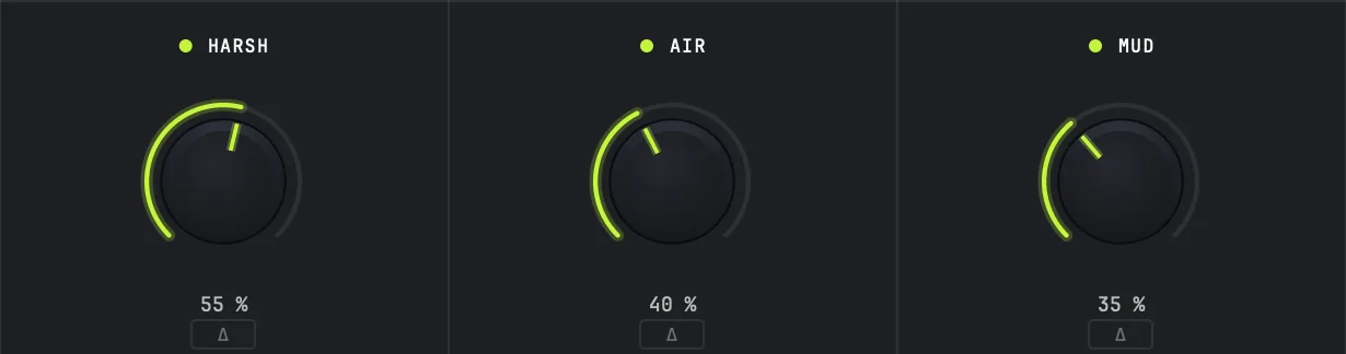 RAW's three optional FX knobs side by side: HARSH, AIR and MUD, each switched on with a percentage reading and a delta chip.