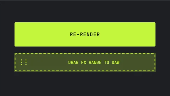 RAW's RE-RENDER button above the drag chip that carries the processed range into a DAW.