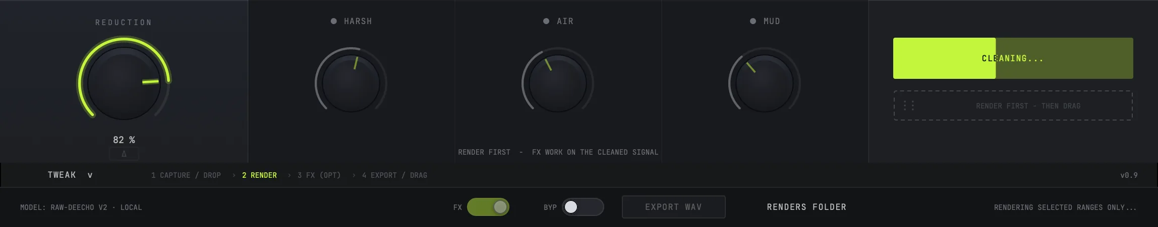 RAW mid-render: the button on the right reads CLEANING, the drag chip beneath it is disabled and reads RENDER FIRST - THEN DRAG, the step marker at the bottom sits on 2 RENDER, and the status line reads that only the selected ranges are being rendered.