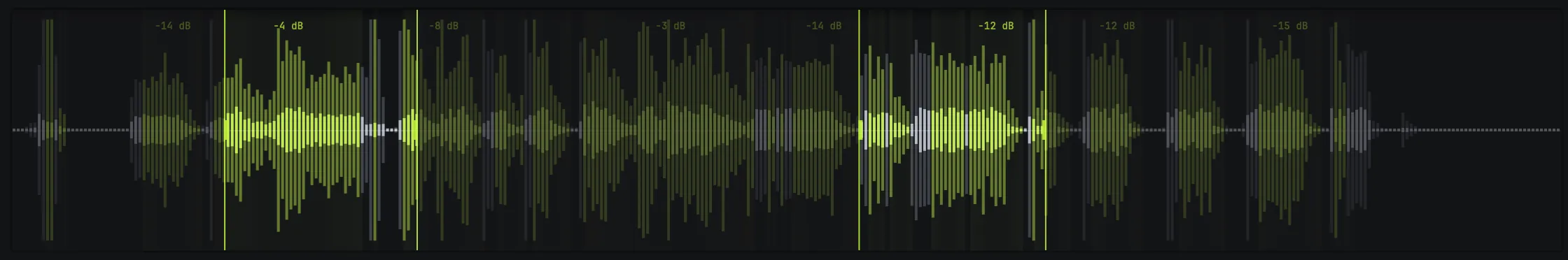 RAW's waveform with two separate ranges selected, each drawn between its own pair of markers.
