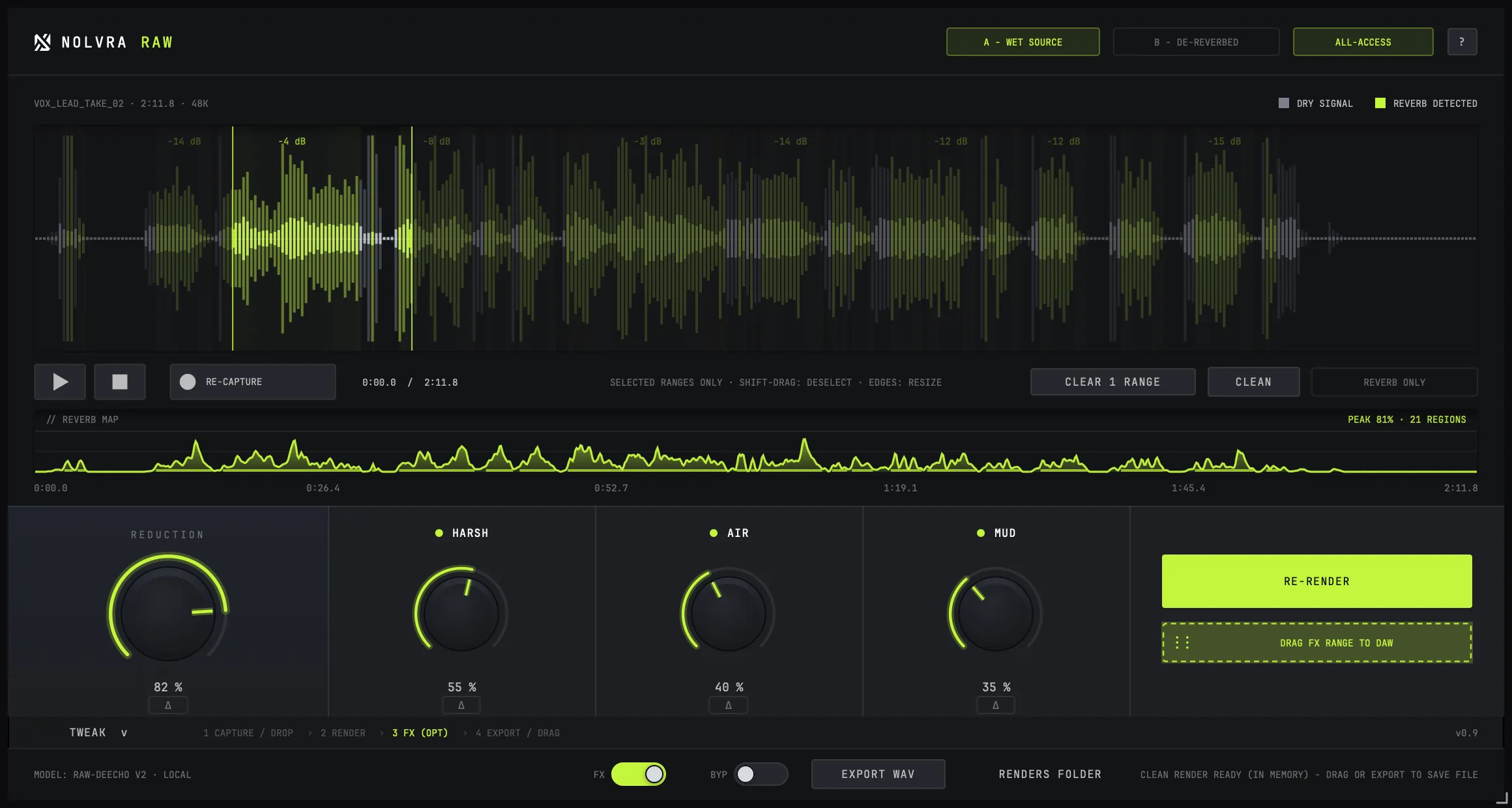 The RAW window: source and de-reverbed monitor chips in the top bar, the waveform with a selected range, the transport row beneath it, the reverb map strip, and the REDUCTION, HARSH, AIR and MUD knobs across the bottom.