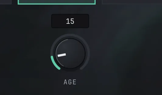 RELIC's AGE knob with its value box reading 15 above it.