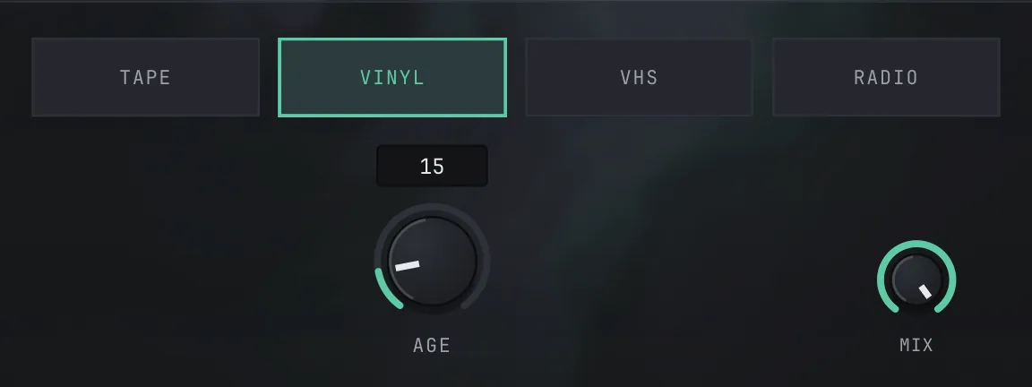 RELIC's control panel: the four character buttons with VINYL selected, the AGE knob reading 15, and the MIX knob to the right.