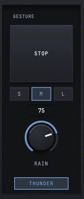 RELIC's gesture column: the STOP pad with its S, M and L lengths, the RAIN knob reading 75 and the THUNDER switch on.