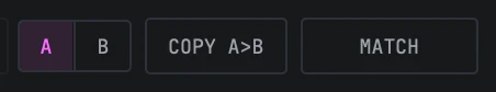 The middle of the top strip: the A and B pair with A held, COPY A>B beside it, and MATCH switched off with nothing measured.