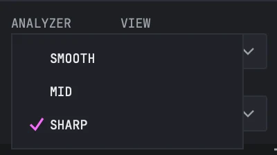 The ANALYZER cell with its list open: SMOOTH, MID and SHARP, with SHARP ticked.